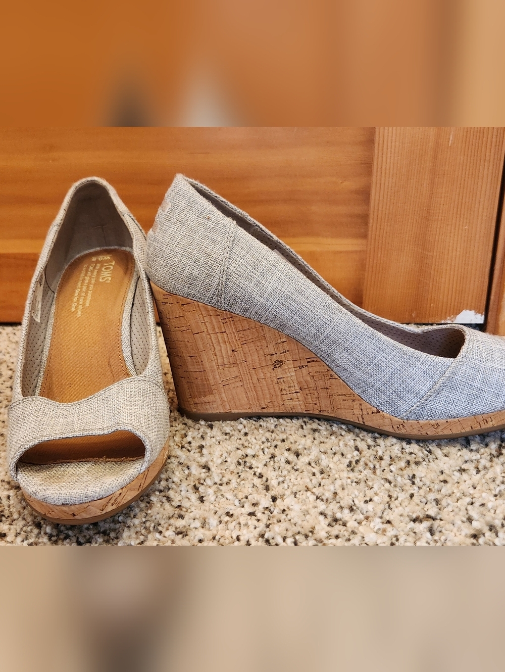 Toms Gray Linen Cork Wedge Peep-Toe Heels